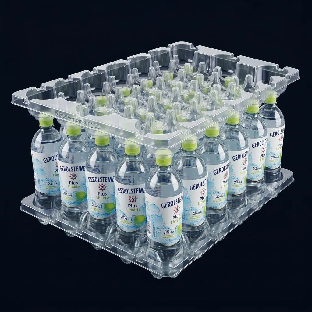Getränketray PET transparent selbststapelnd mit Flaschen — Scafa Thermoforming
