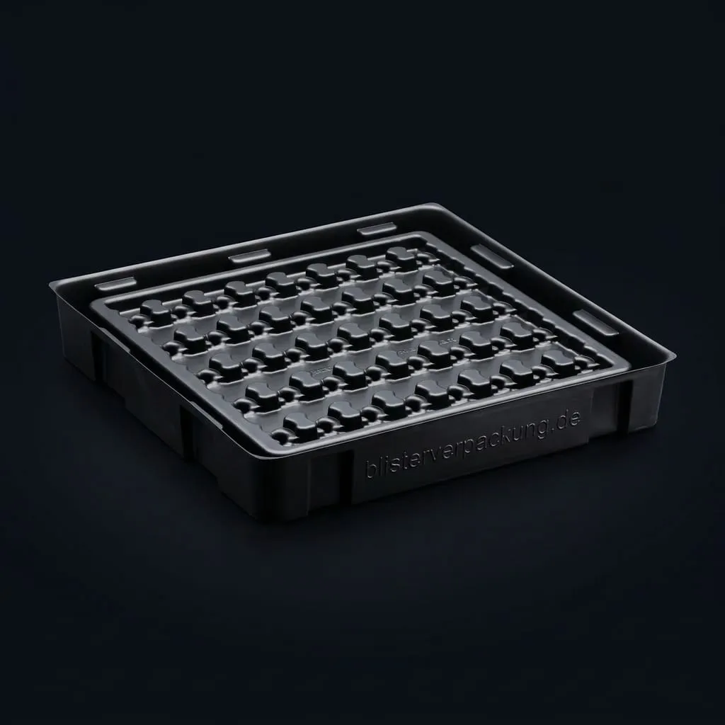 Transportverpackung Kunststofftray schwarz stapelbar — Scafa Thermoforming